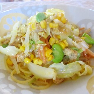 そら豆、コーン、ツナの卵パスタ